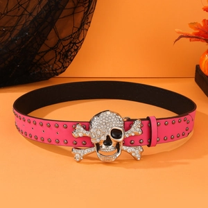 Pink punk belt with metal studs and large silver skull buckle encrusted with crystals