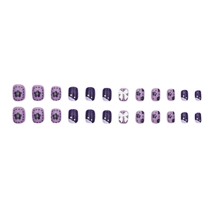 Short square purple press-on nails set with floral patterns and 3D white bow decorations