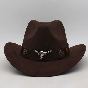 Detail of western cowboy hat with metal bull head buckle and studs on dark brown felt