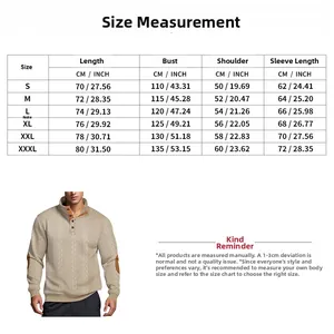 Detailed size chart for men jacquard henley sweatshirt in CM and INCH measurements