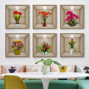 Detailed view of six 3D floral wall stickers in wooden frames for dining room decor