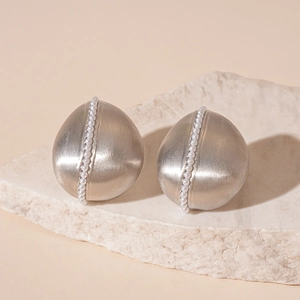 Brushed silver oval teardrop earrings with elegant white pearl inlay for women