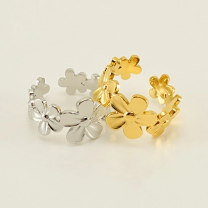 Floral stainless steel open rings in gold and silver finish with adjustable band