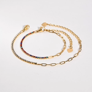 Stainless Steel Heart Pendant Bracelet For Women Cubic Zirconia Paperclip Tennis Chain Stitch Gold Plated Adjustable