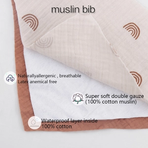 Waterproof cotton muslin baby bib with rainbow print and breathable double gauze layers