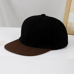 Detail of two-tone snapback hat with black crown and dark brown flat brim and top button