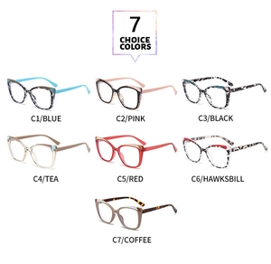Detail view of cat eye eyeglass frames in seven stylish colors on a clean white background