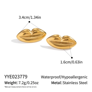 Detail view of gold lip-shaped stainless steel earrings with precise size measurements