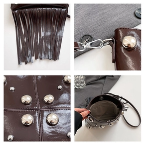 Detailed four-way split view of dark brown patent leather bag with studs and tassels