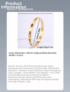 Detail view of pink square zircon titanium steel bracelet with 60mm inner diameter