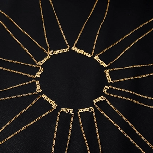 Golden zodiac necklaces in a circular layout with Old English font on black background