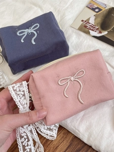 Large capacity bow canvas cosmetic bags in navy blue and soft pink with 3D embroidery
