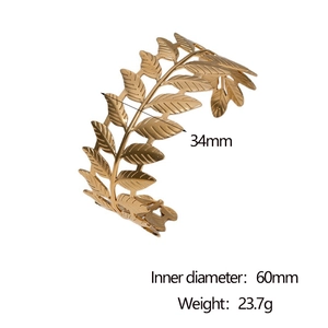Detail of 18k gold plated leaf bangle showing 60mm diameter and 34mm width specs