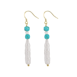 Bohemian dangle earrings with blue faceted beads and long white baroque pearl pendants