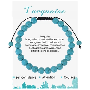 Handmade turquoise bead bracelet on display card with adjustable black woven rope