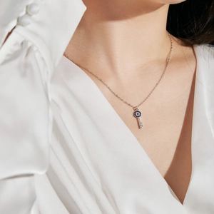925 Sterling Silver Key Pendant Necklace For Women Elegant Evil Eye Blue White Zircon Micro Pave Clavicle Chain Jewelry