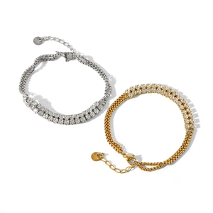 Double-layered 18K gold plated stainless steel bracelet with square zircon crystals