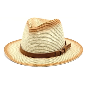 Classic woven straw fedora hat with gradient beige tones and brown leather band detail