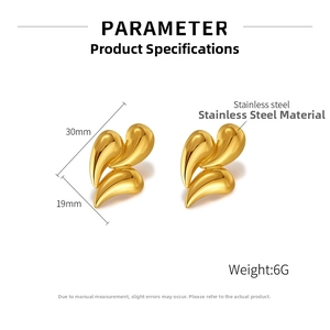Detailed view of gold teardrop earrings with 30mm size specs and 6g weight on white background