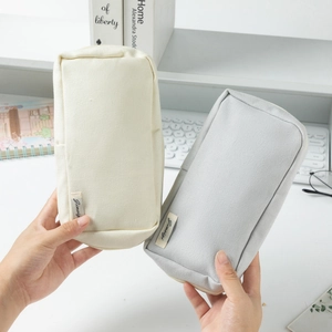 Minimalist large capacity canvas pencil case for students in off-white and light grey colors