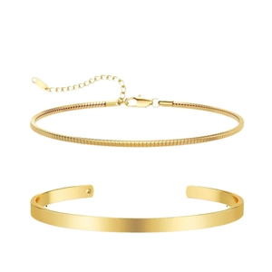 Mens gold double layer jewelry set with snake bone chain and open cuff bracelet