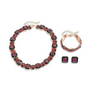 Parure bijoux rétro dorée avec émail vert et pierres roses collier bracelet boucles