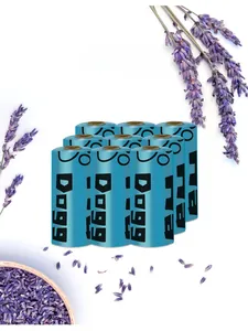 Detail of blue biodegradable pet waste bags with lavender scent and 9-roll pack display