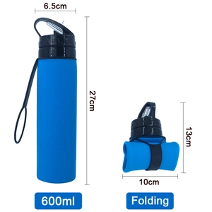 Blue 600ml collapsible silicone water bottle shown in both expanded and folded states