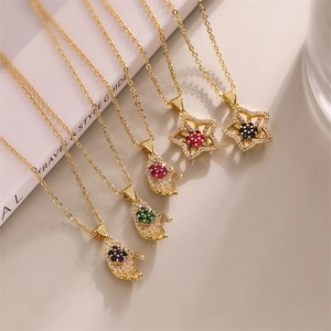 Hamsa Hand And Star Pendant Necklace Copper Cubic Zirconia Flower Elegant Jewelry For Women