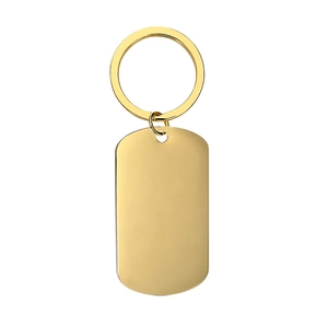 Golden rectangular stainless steel keychain with polished mirror finish and round keyring