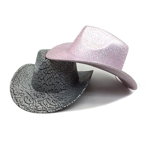 Detail of silver and pink western cowboy hats with textured metallic crackle finish