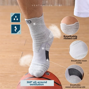 Close-up of grey athletic crew socks with breathable mesh and arch support during sports