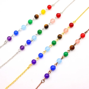 Rainbow chakra bead link chains in gold, silver, and bronze finish for yoga jewelry pendants