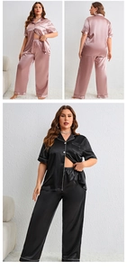 Detail of short sleeve satin pajamas featuring contrast piping and button-up front
