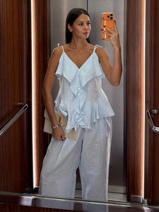 Women's Casual Blue Cotton Two Piece Set Ruffle Cami Top And Wide Leg Pants Top And Bottom Matching Outfit