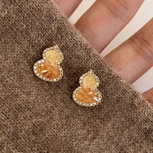 Gourd Stud Earrings Gold Plated Zircon Vintage Chinese Style Luxury Jewelry For Women With Silver Earring Post