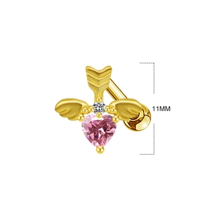 Detail of 11mm golden cupid arrow belly ring with pink heart gemstone on white background