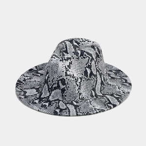 Detailed view of the black and white snakeskin print on this stylish wool fedora hat