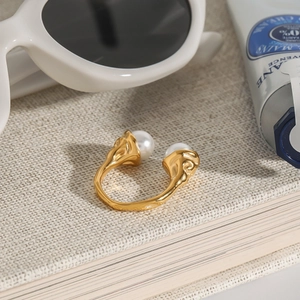 18k gold plated stainless steel open ring with two pearls and organic texture design