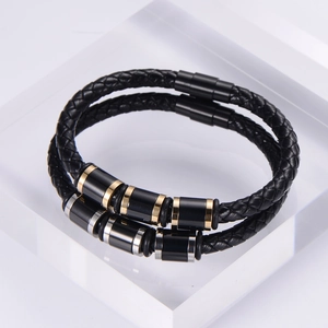 Men's braided leather bracelet set with gold and silver magnetic steel clasps