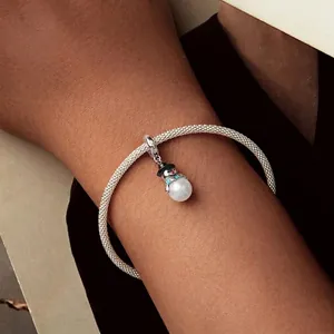 S925 sterling silver mesh bracelet featuring a cute snowman charm with a blue scarf