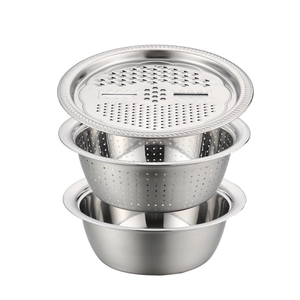Three-piece stainless steel kitchen set including basin, colander, and multi-functional slicer