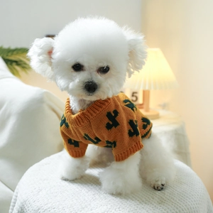 Detail of knitted pet sweater featuring a green cactus pattern on warm orange fabric