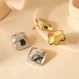 Square Stud Earrings 304 Stainless Steel 18K Gold Plated Hammered Texture Geometric Minimalist Modern Jewelry