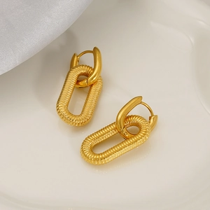 18K gold plated stainless steel geometric oval hoop earrings with textured links