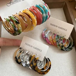 C Shape Hoop Earrings Acetate Resin Leopard Print Marble Pattern With 925 Sterling Silver Earring Post Retro For Women