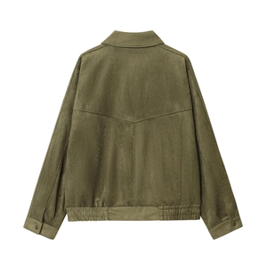 Back view of army green faux suede jacket featuring ribbed hem and detailed stitching