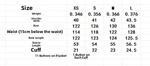 Detailed size chart for plaid shirt dress showing measurements from XS to L
