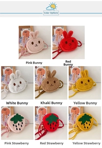 Collection of plush bunny and strawberry crossbody bags for kids in multiple vibrant colors