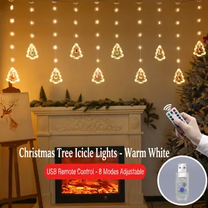 Christmas tree curtain icicle lights in warm white with USB remote and 8 lighting modes